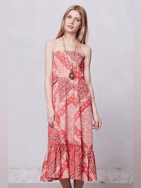 Anthropologie Holding Horses Bandana Print Strapless Midi Dress Coral Paisley 0
